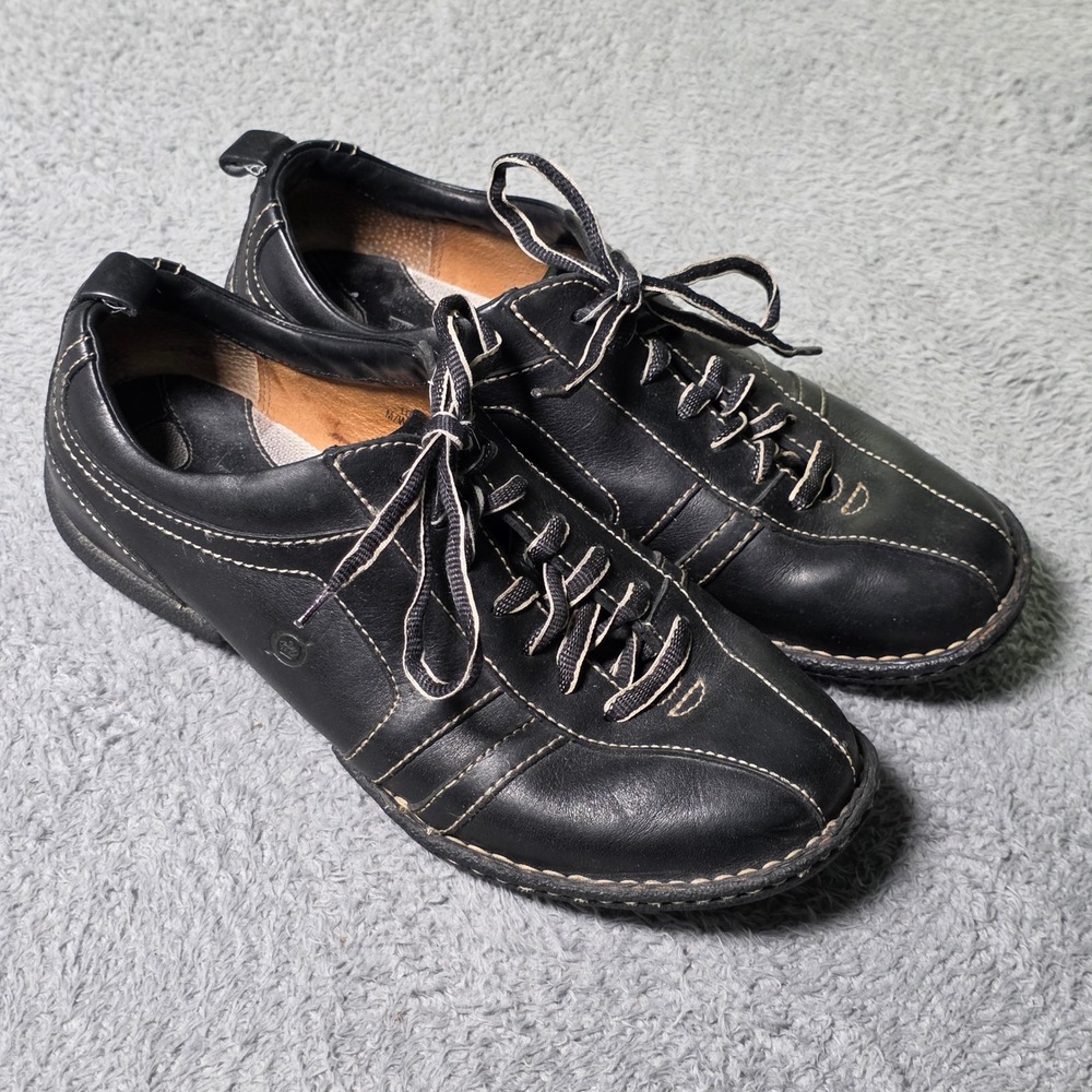 Born Mens 10 Sneaker Black Leather Contrast Stitch Low Top M0020 D5